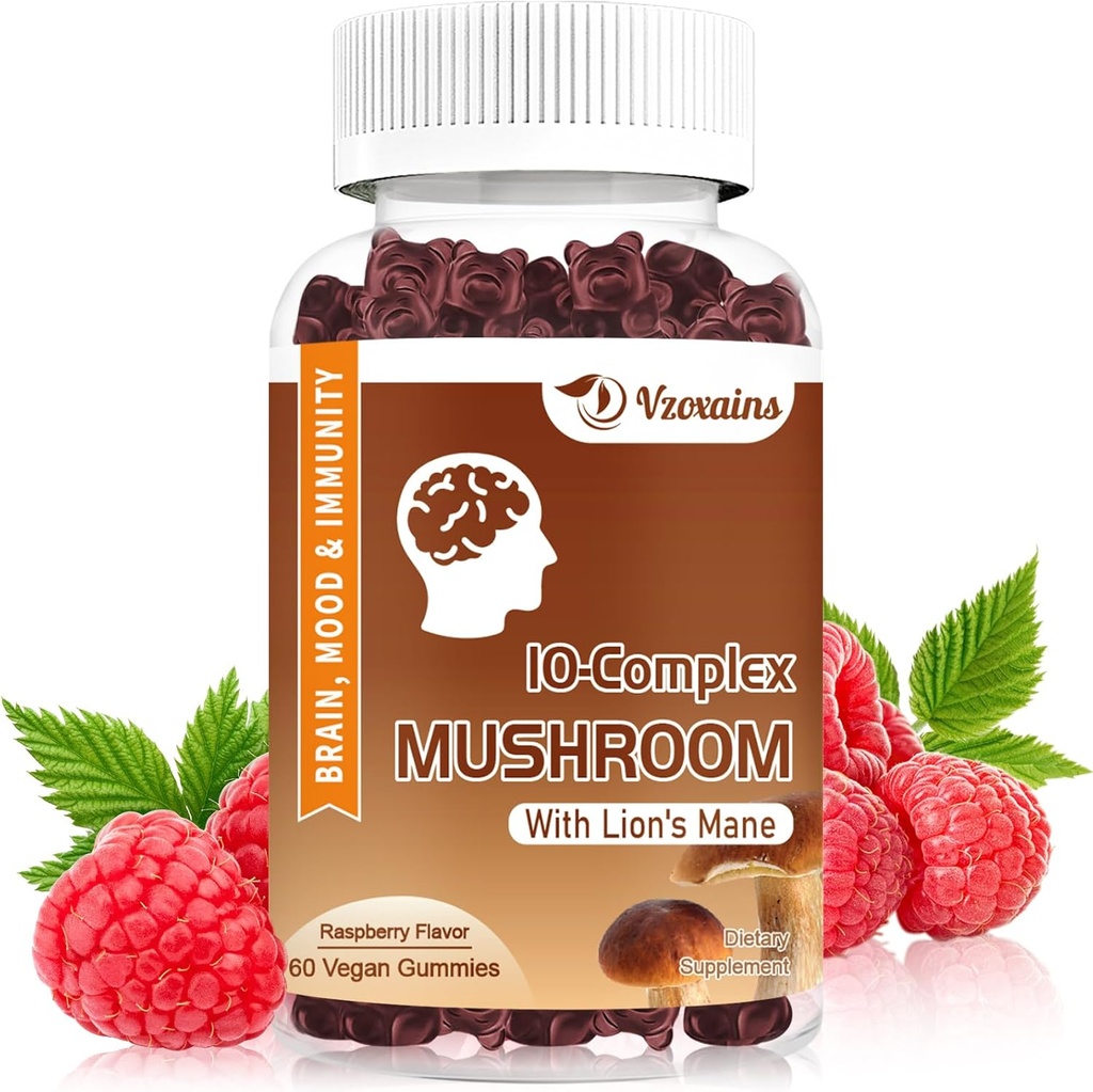Sugar Free Mushroom Gummies, Mushroom Gummies with Lion's Mane - Focus Energy Immune Support-Raspberry Flavor 60ct