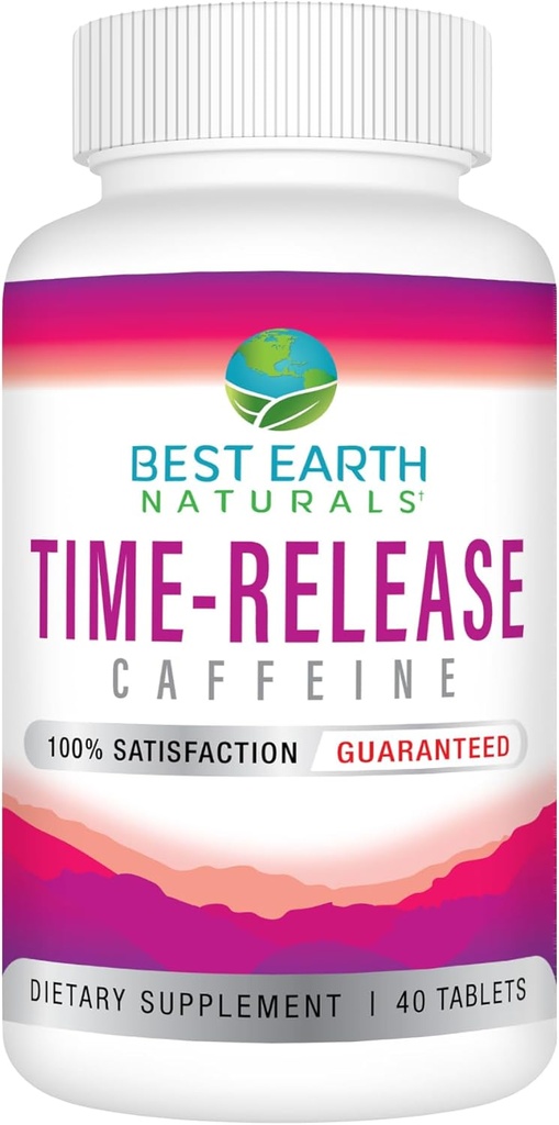 Bedste Earth Naturals Time Release Koffein med L-Tyrosine, vitamin B6, vitamin B12, Thiamin & mere - Energitillæg for kvinder og mænd - 40 Greve