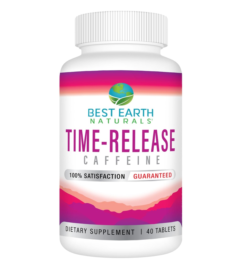 Bedste Earth Naturals Time Release Koffein med L-Tyrosine, vitamin B6, vitamin B12, Thiamin & mere - Energitillæg for kvinder og mænd - 40 Greve