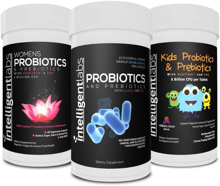 Intelligente Labs 3- in-1 Probiotika med Prebiotics Bundle for hele familien: Kids + Voksen 50 Millioner CFU + Kvinder Probiotika, Ingen køling påkrævet, 2 Måneders forsyning pr flaske