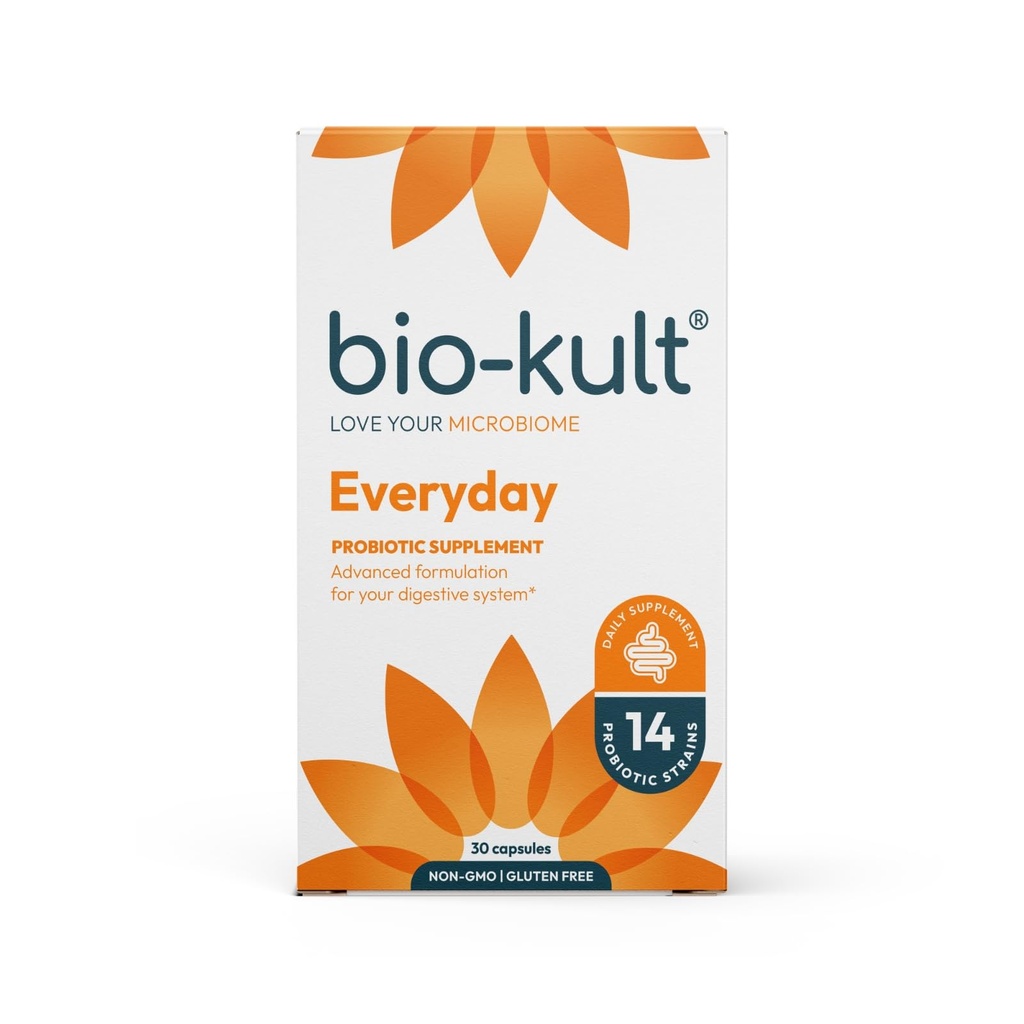 Bio- Kult Gut Health Probiotic Supplement, 14 Stammer, Probiotika til kvinder & mænd, immunforsvar, fordøjelsessygdomme, Shelf- Stable, Non- GMO og Gluten- Free, Kapsler, 30 Greve (pakke med 1)