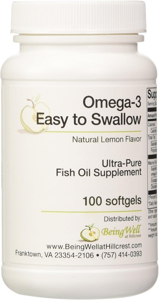 Omega-3 'Let at synke' Ultra- ren fiskeolie supplement Natural Lemon Flavor 100 Softgels
