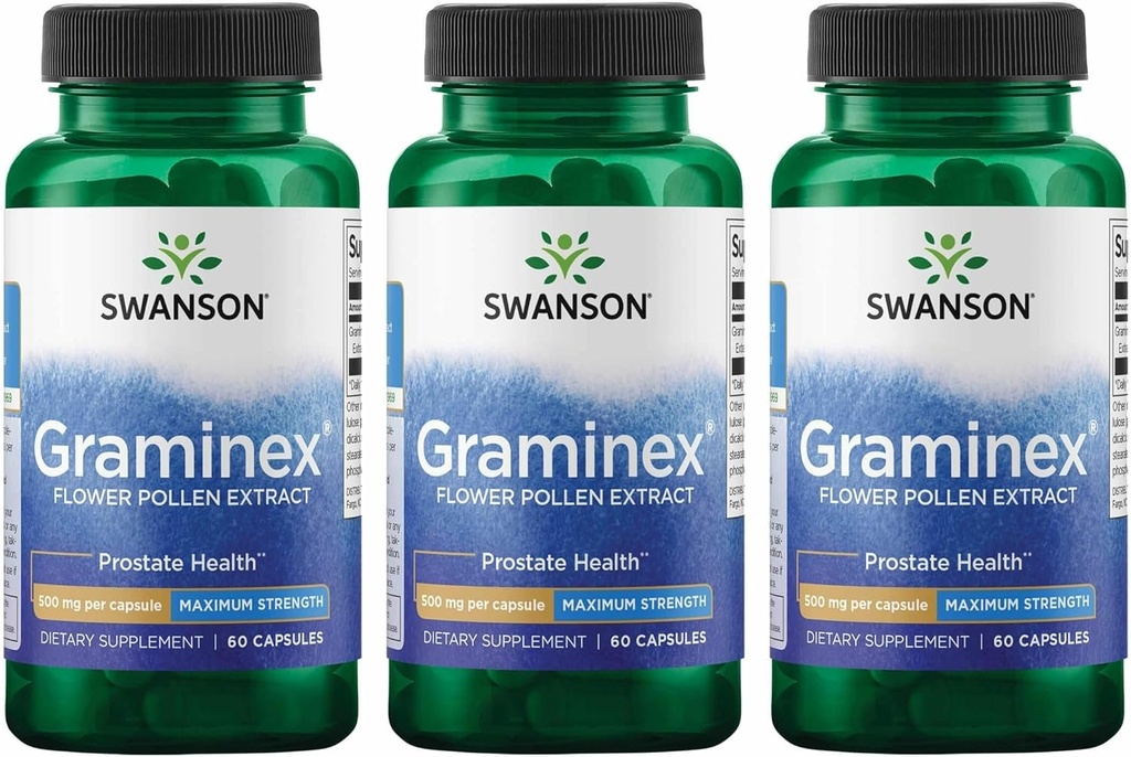 Swanson Maksimum Strength Graminex Flower Pollen Extract - Understøtter Prostate Sundhed, Urinære Tract Funktion & Nyrer - Herre Health Supplement - (60 kapsler, 500mg Hver) (3 Pack)