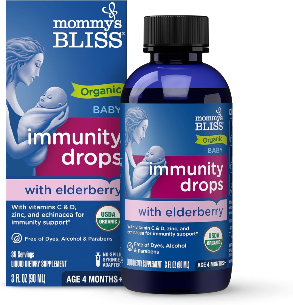 Mommy's Bliss Organic Baby Elderberry Drops, Immune Support with Vitamins, Prebiotics, Zinc & Organic Echinacea, Age 4 Months +, 3 Fl Oz (36 Servings)