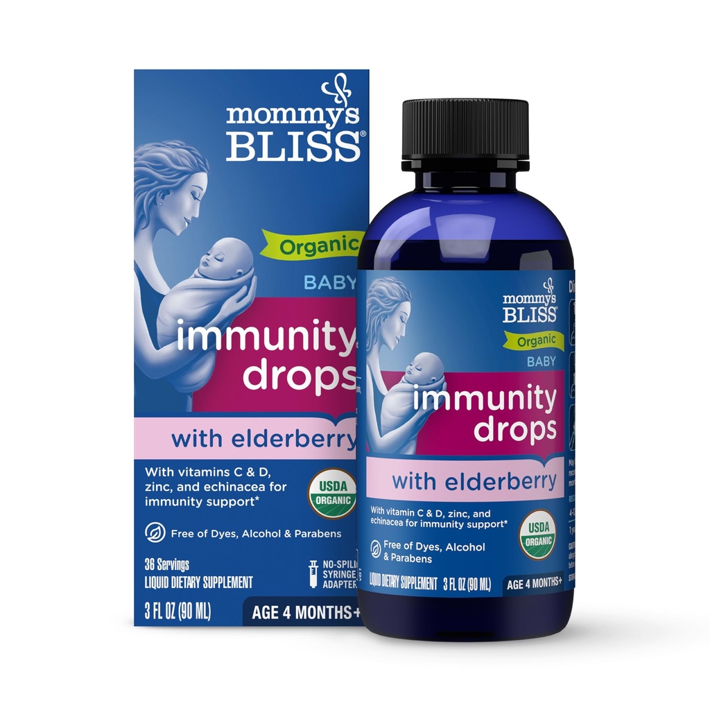 Mors Bliss Organic Baby Elderberry Drops, Immunstøtte med vitaminer, Prebiotika, Zink & Organic Echinacea, Alder 4 Måneder +, 3 Fl Oz (36 Servere)