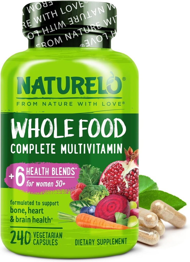 NATURELO hel mad Multivitamin til kvinder 50 + (jernfri) med vitaminer, mineraler, & økologiske ekstrakter - supplement til post-menopausale kvinder over 50 - ingen GMO - 240 Veganske kapsler