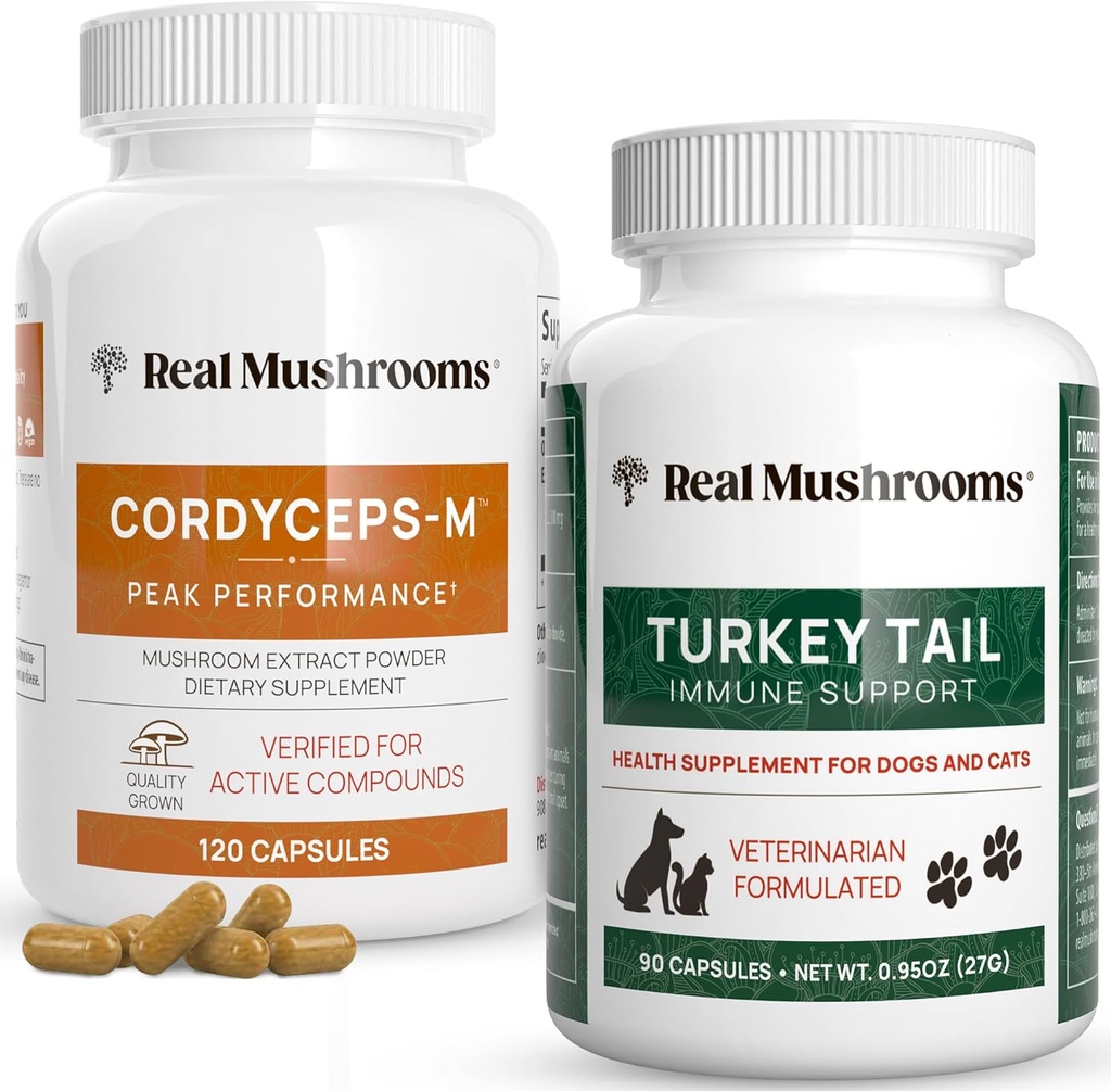 Ægte svampe Cordyceps til mennesker (120ct) & Tyrkiet Hale til kæledyr (90ct) - Bundle for energi, Vitality, og Immunitet - Vegan, Non- GMO, Grain- Free, Gluten- Free Mushroom Extract Kapsler