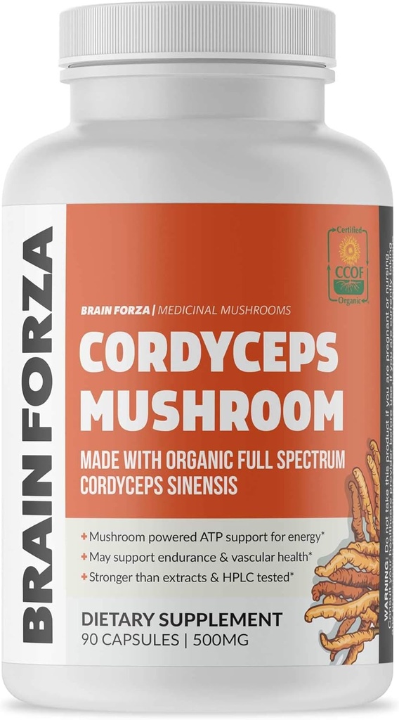 Brain Forza Organic Cordyceps Kapsler - Cordyceps Sinensis Mushroom Low- Oxygen Voksen i USA, Non- GMO, Vegan, Organic, 90 Kapsler