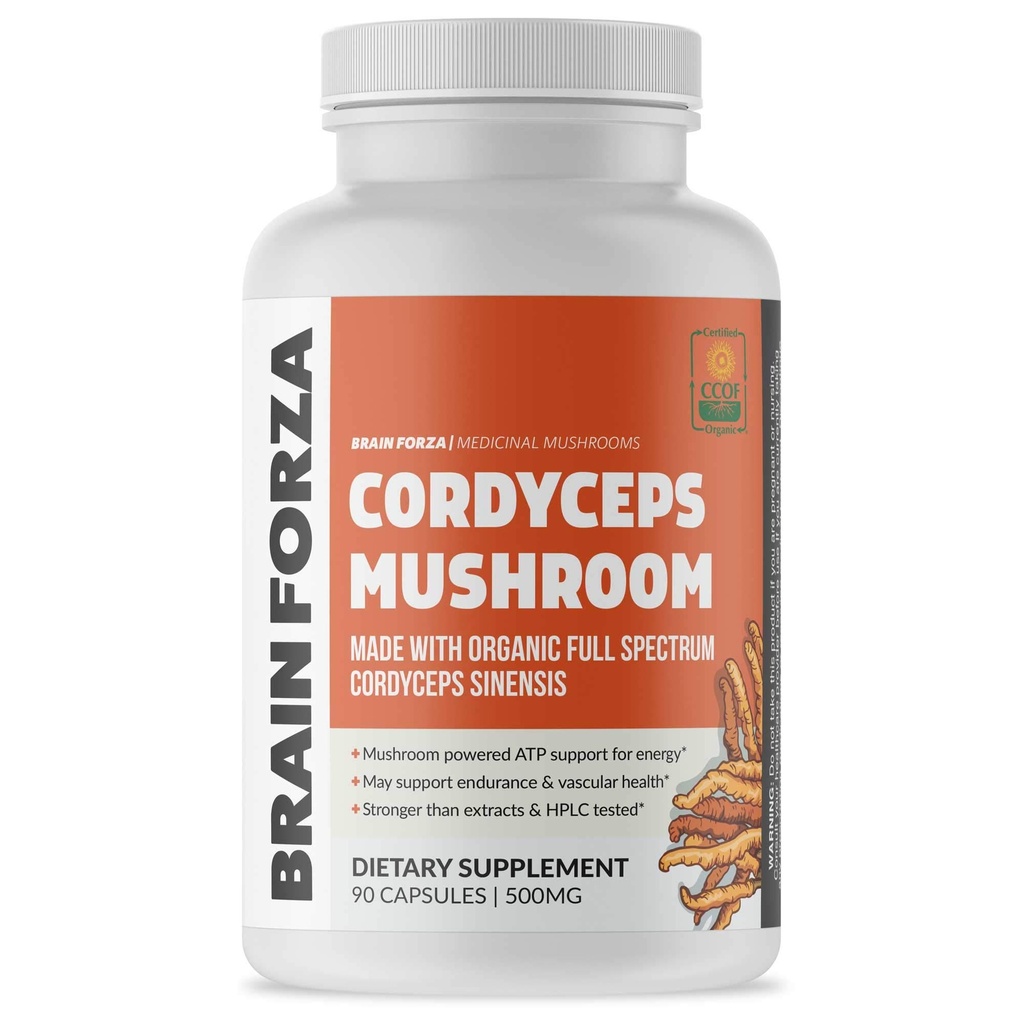 Brain Forza Organic Cordyceps Kapsler - Cordyceps Sinensis Mushroom Low- Oxygen Voksen i USA, Non- GMO, Vegan, Organic, 90 Kapsler