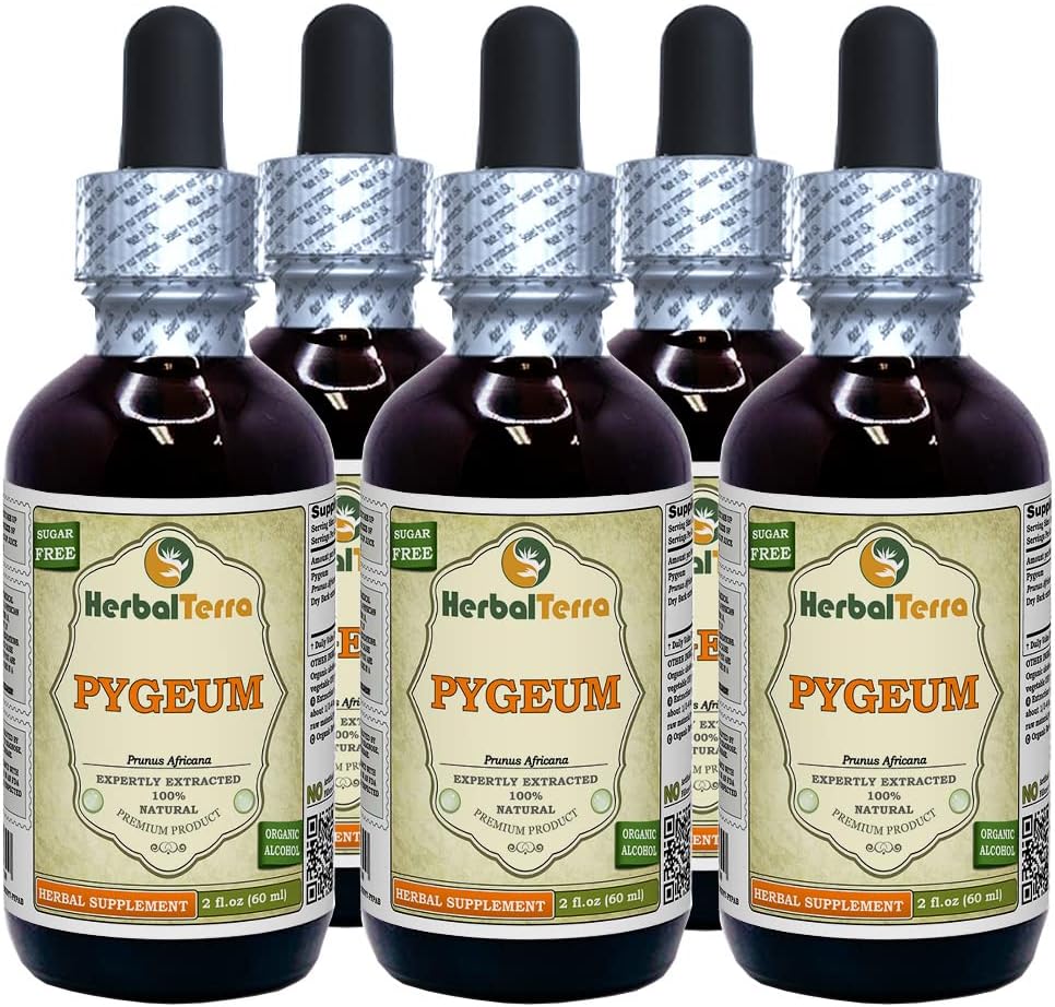 Afrikansk Cherry Pygeum (Prunus Africana) Tinktur, Økologisk Tørret Bark Liquid Extract (Brand Name: HerbalTerra, Stolt Made in USA) 5x2 fl.oz (5x60 ml)