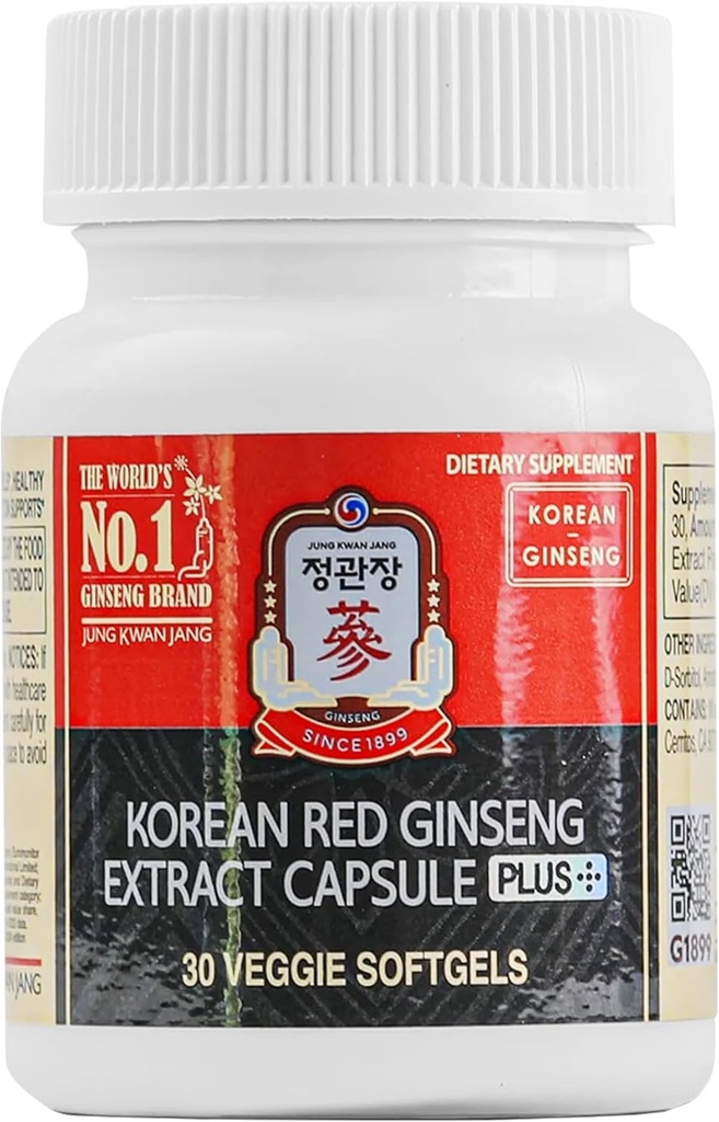 JungKwanJang Korean Red Ginseng Extract Capsules Plus | All-in-1 Focus Pills for Men & Women | Natural Energy Supplements, Circulation, Immune Support | 30 Capsules