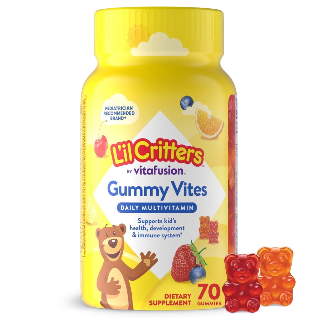 L 'il Critters Gummy Vites Daily Gummy Multivitamin til børn, C-vitamin, D3 for immunforsvar Cherry, Jordbær, Orange, Ananas og blåbær Flavors, 70 Grev Gummies