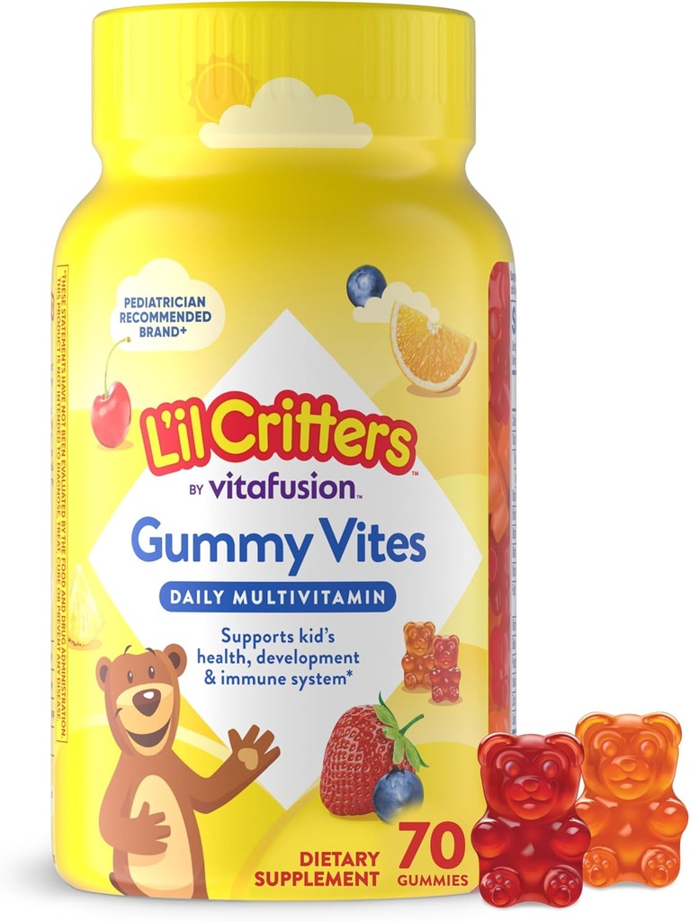 L 'il Critters Gummy Vites Daily Gummy Multivitamin til børn, C-vitamin, D3 for immunforsvar Cherry, Jordbær, Orange, Ananas og blåbær Flavors, 70 Grev Gummies