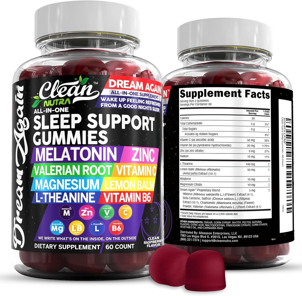 Clean Nutra Melatonin Gummies 10mg | Sleep Aid Valerian Root L-Theanine Vitamin B6 C Lemon Balm Magnesium Hibiscus Beta Carotene Saffron & Chamomile Rest Support Supplement Raspberry Flavor