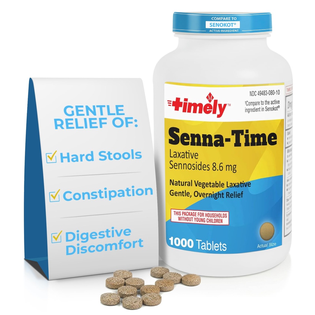 Timebasis Senna Time Laxative - 1000 Count Tablets - Natural Vegetabilsk baserede Laxatives for Constipation Relief, Gentle Overnight Relief og Afføring blødgøringsmiddel