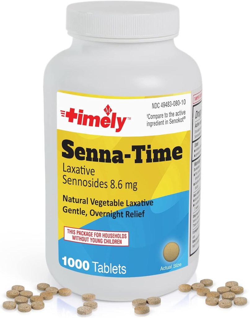 Timebasis Senna Time Laxative - 1000 Count Tablets - Natural Vegetabilsk baserede Laxatives for Constipation Relief, Gentle Overnight Relief og Afføring blødgøringsmiddel