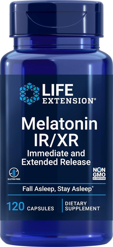Life Extension Melatonin IR / XR 120 Kapsler - Øjeblikkelig & 7 timers Extende- Release - Night Time Supplement - Understøtter Staying Asseein - Non- GMO, Gluten- Free