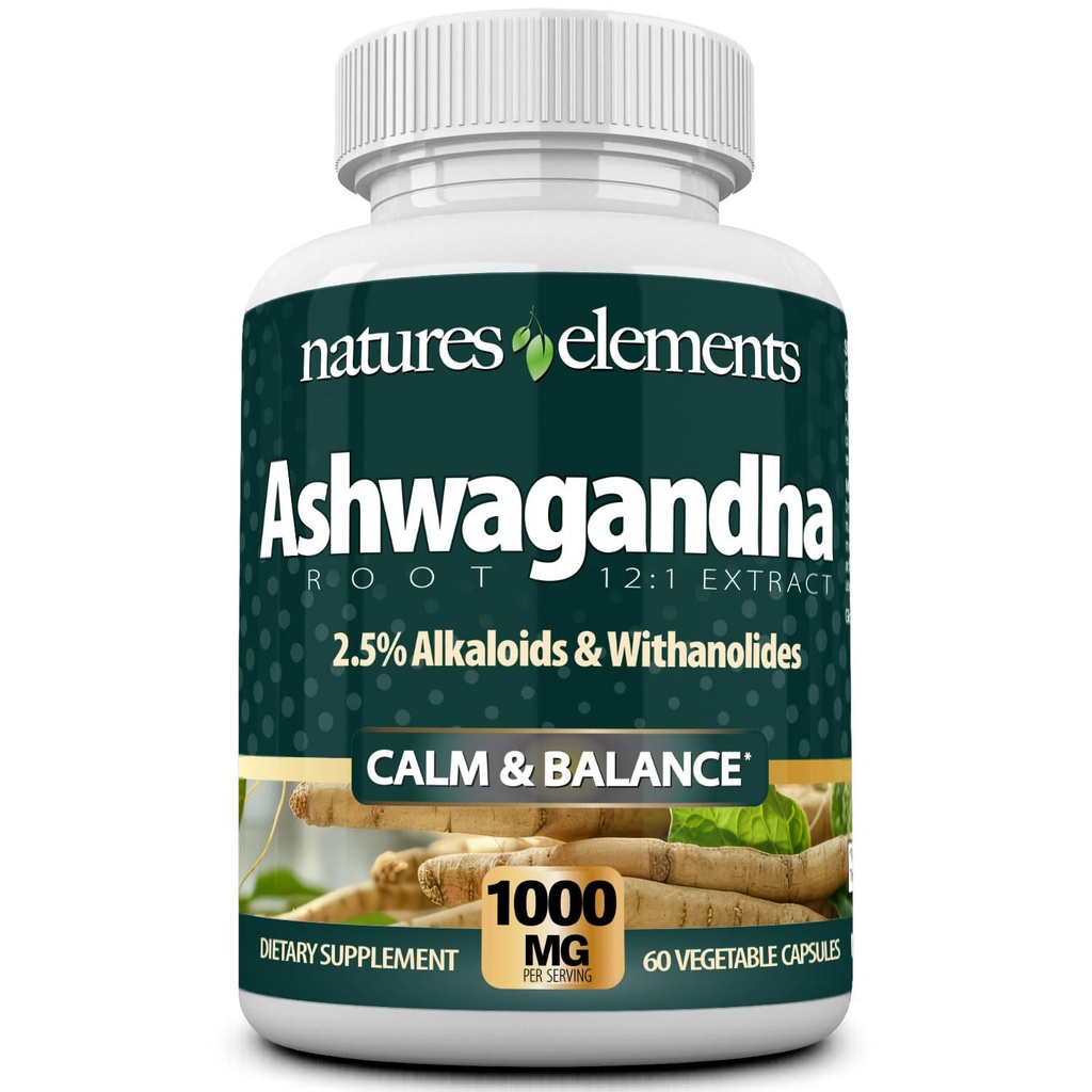 Ashwagandha Root - 12: 1 Extract - 1000mg Per Serving - 2,5% Hitanolides & Alkaloider - 60 Veggie Caps - Stress & Energy Support - Non- GMO