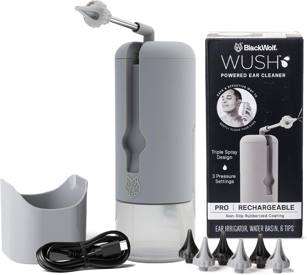 Wush Pro af Black Wolf - Den oprindelige Deluxe vand drevet Ørerenser med 6 Genanvendelige udskiftningstips af Black Wolf - Sikker & effektiv til Ear Wax Buildup - Elektrisk Ørevoks Fjernelse Kit (Grå)