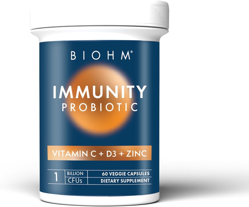 BIOHM Immunitet Probiotisk med C-vitamin, D3 & Zink, 1 milliarder CFU (60 kapsler) Daglige probiotika for kvinder & mænd, fordøjelsesmæssig sundhed & immunforsvar, Vegan, Gluten- fri og ikke-GMO
