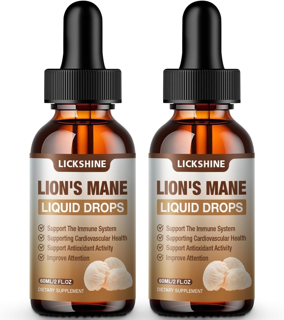 2 Pack Lions Mane Supplement Flydende Mushroom Extract Drops til hukommelse, Focus & Clarity - Brain Booster - Lions Mane Tincture for Natural Immunforsvar, Vegan, Økologisk, 2 Fl Oz