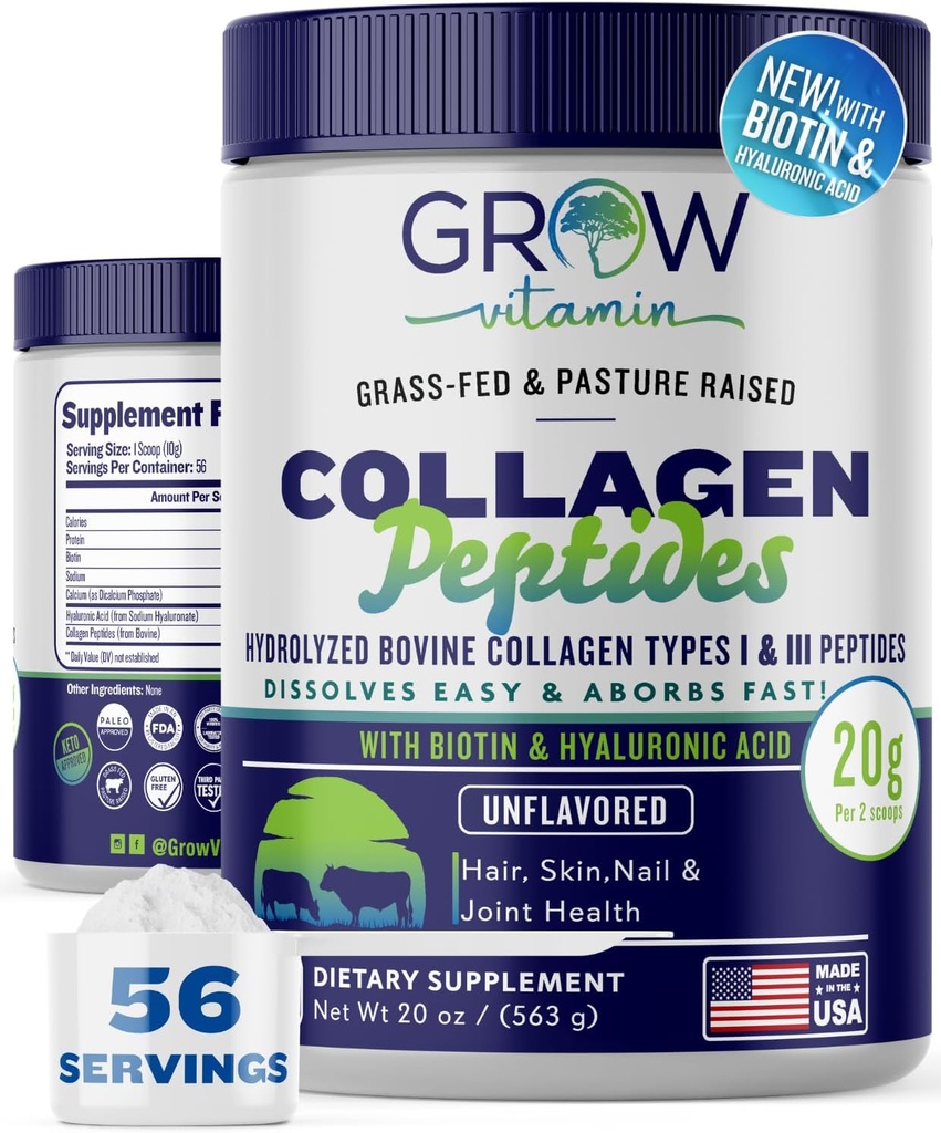 Collagen Peptides Powder 20g with Hyaluronic Acid & Biotin - Unflavored Grass Fed Collagen Powder with Hydrolyzed Type I & III Collagen Supplements - Hair, Nail, Skin & Joint Support - 56 Servings