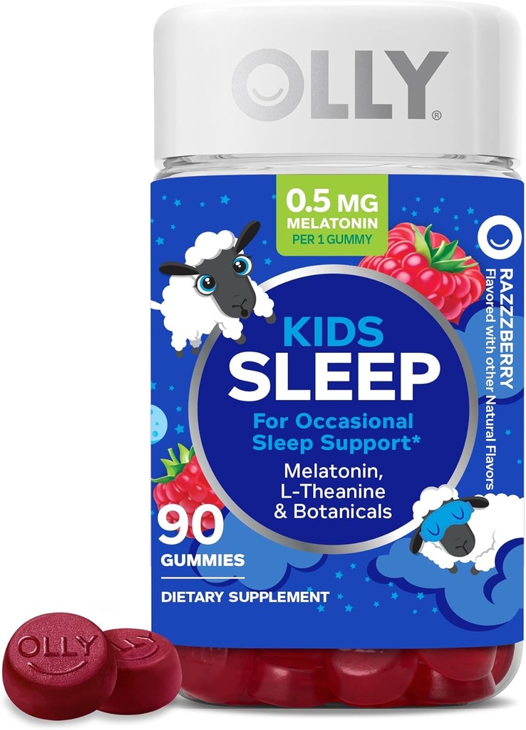OLLY Kids Sleep Gummy, Lejlighedsvis Sleep Support, 0,5 mg Melatonin, L Theanine, Kamille og Lemon Balm Ekstrakter, Childrens Chewable Supplement, Raspberry Flavor - 90 Greve