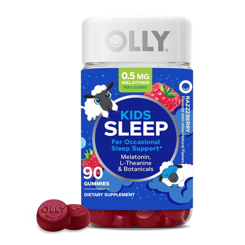 OLLY Kids Sleep Gummy, Lejlighedsvis Sleep Support, 0,5 mg Melatonin, L Theanine, Kamille og Lemon Balm Ekstrakter, Childrens Chewable Supplement, Raspberry Flavor - 90 Greve
