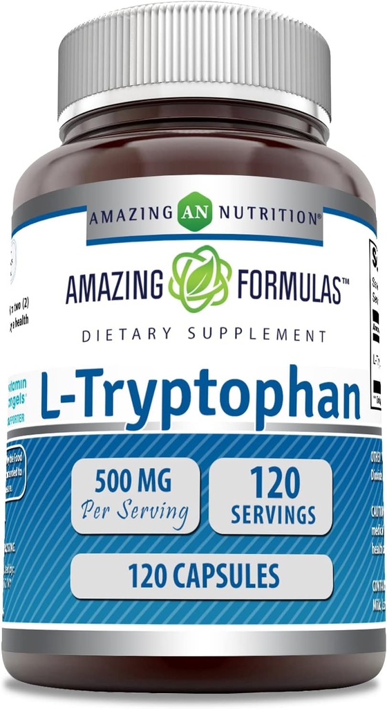 Amazing Formulas L-Tryptophan Amino Acid Supplement | 500 Mg per Serving | Capsules | Non-GMO | Gluten-Free | Made in USA (1 Pack | 120 Count)