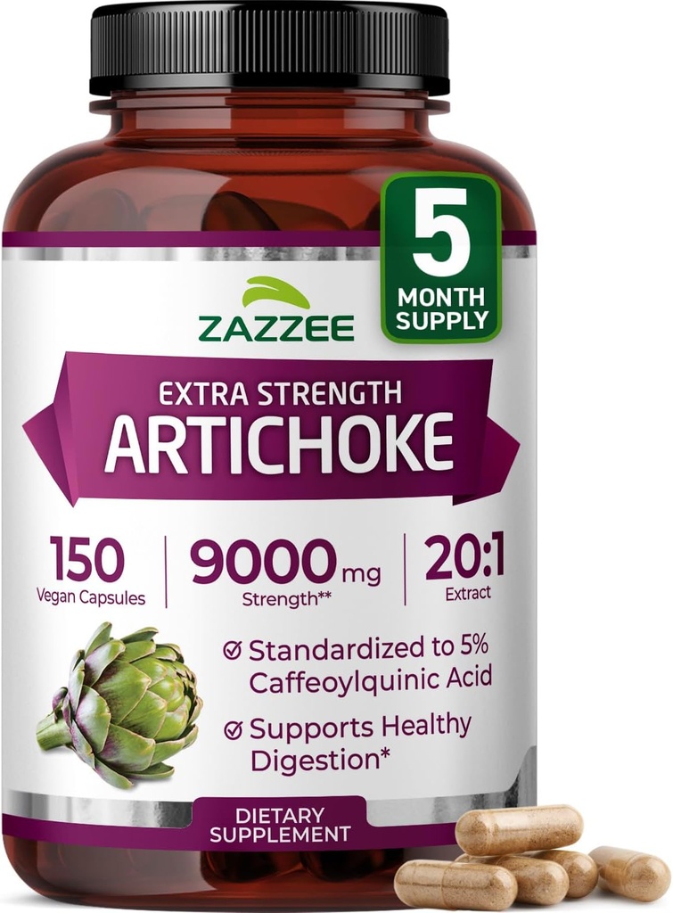 Zazzee Extra Strength Artichoke 20:1 Extract, 9000 mg Strength, 5% Caffeoylquinic Acid, 150 Vegan Capsules, 5 Month Supply, Concentrated and Standardized 20X Extract, Non-GMO and All-Natural