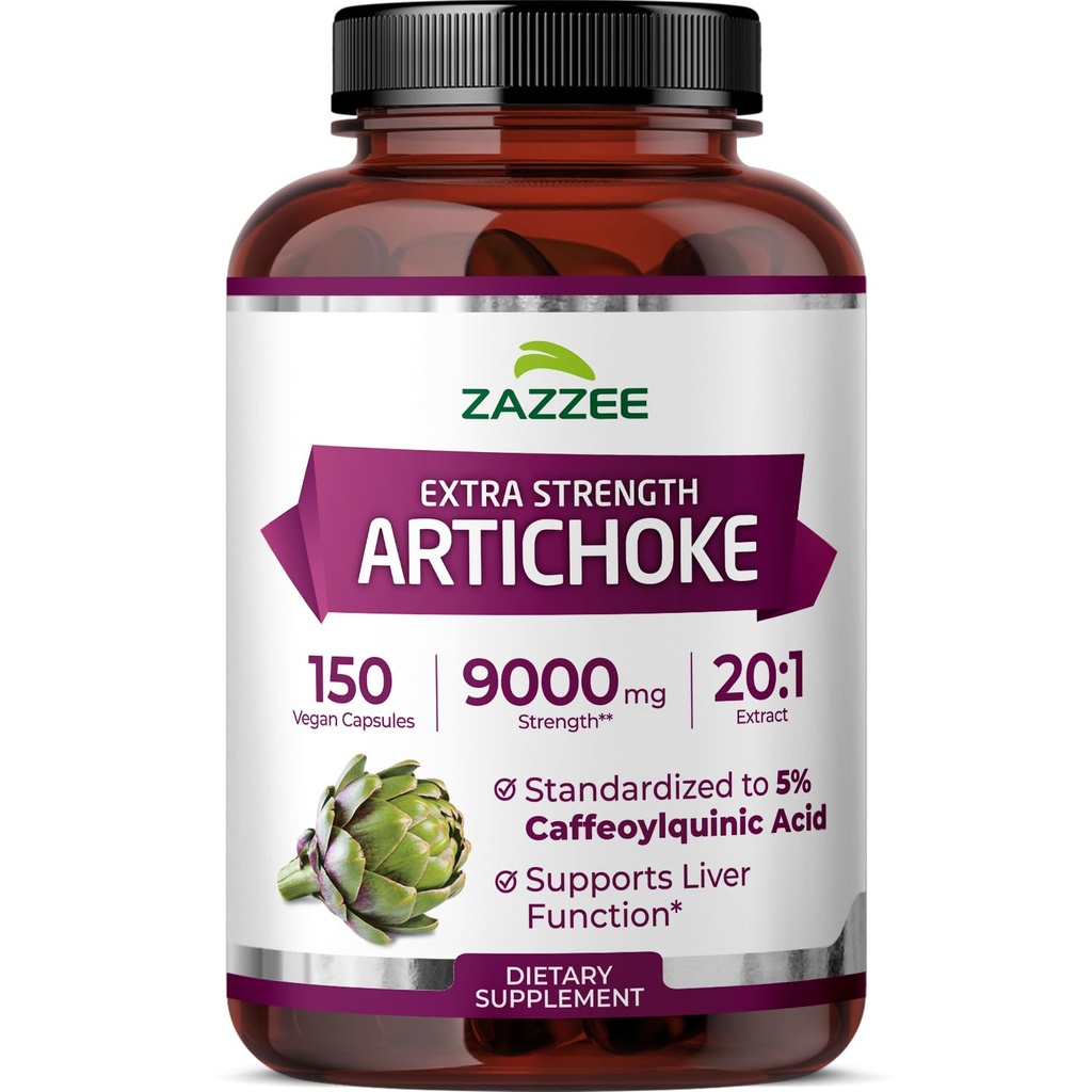 Zazzee Extra Strength Artiskoke 20: 1 Extract, 9000 mg Strength, 5% Coffeoylquinic Acid, 150 Vegan Kapsler, 5 måneder Supply, Koncentreret og Standardized 20X Extract, Non-GMO og All- Natural