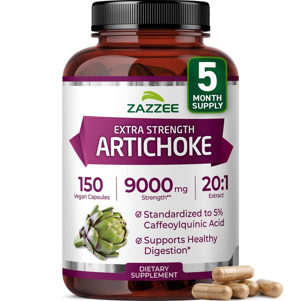 Zazzee Extra Strength Artiskoke 20: 1 Extract, 9000 mg Strength, 5% Coffeoylquinic Acid, 150 Vegan Kapsler, 5 måneder Supply, Koncentreret og Standardized 20X Extract, Non-GMO og All- Natural