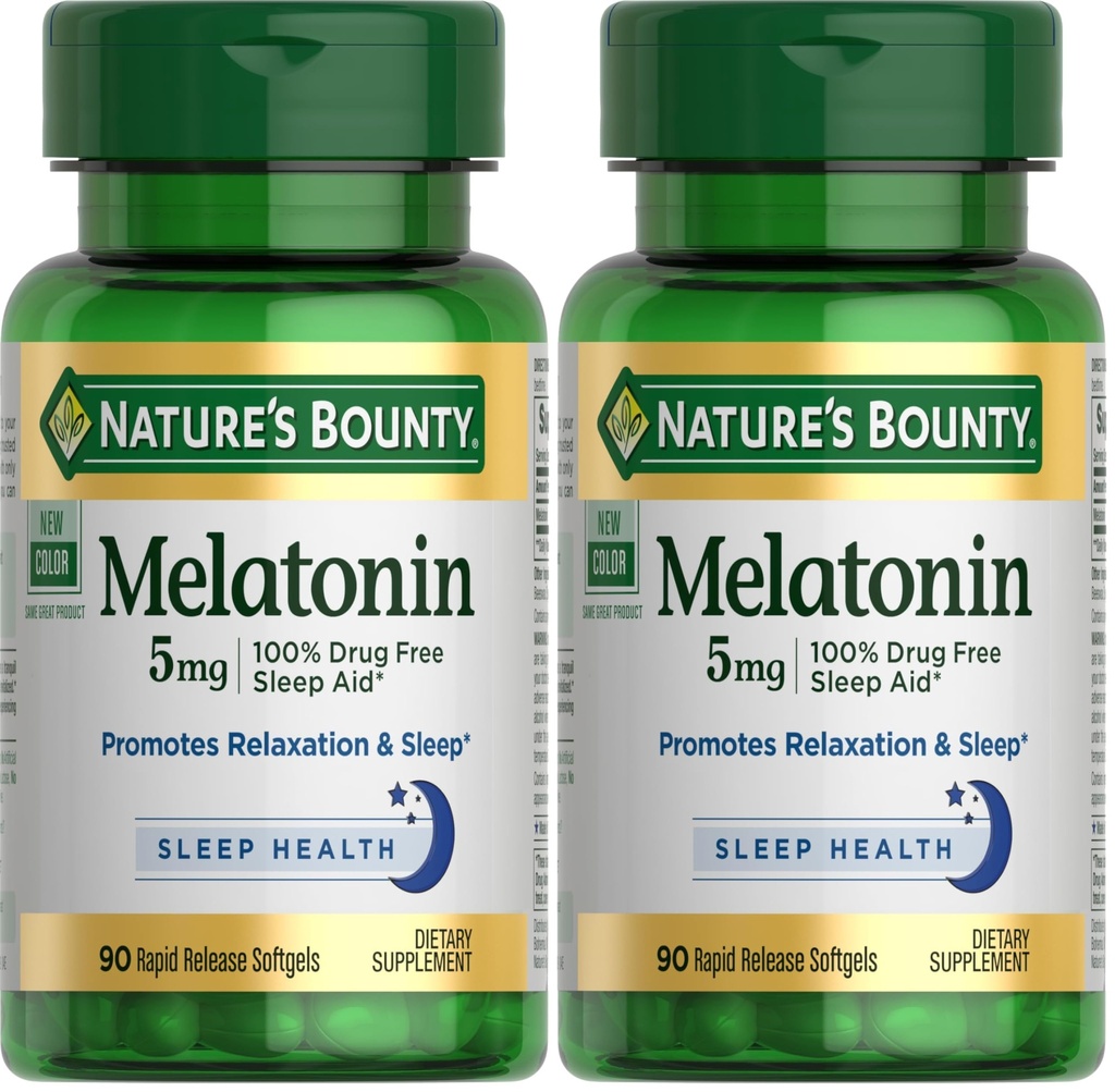 Naturens Bounty Melatonin, 100% Drug Free Sleep Aid, Kosttilskud, fremmer afslapning og søvn sundhed, 5mg, 90 Softels (pakke med 2)