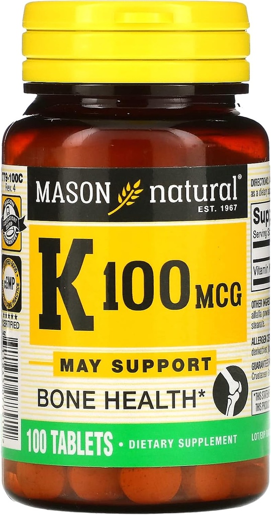 MASON NATURAL Vitamin K, 100 mcg, 100 Tablets