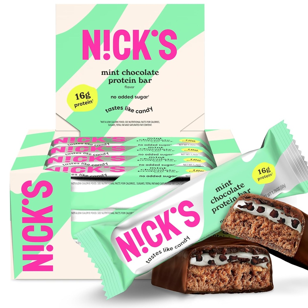 Nicks Mint Chocolate Protein Bars - 12-greve Box Note 124; High Protein, lave kalorier, lave kulhydrater, Keto Friendly, Ingen tilsat sukker