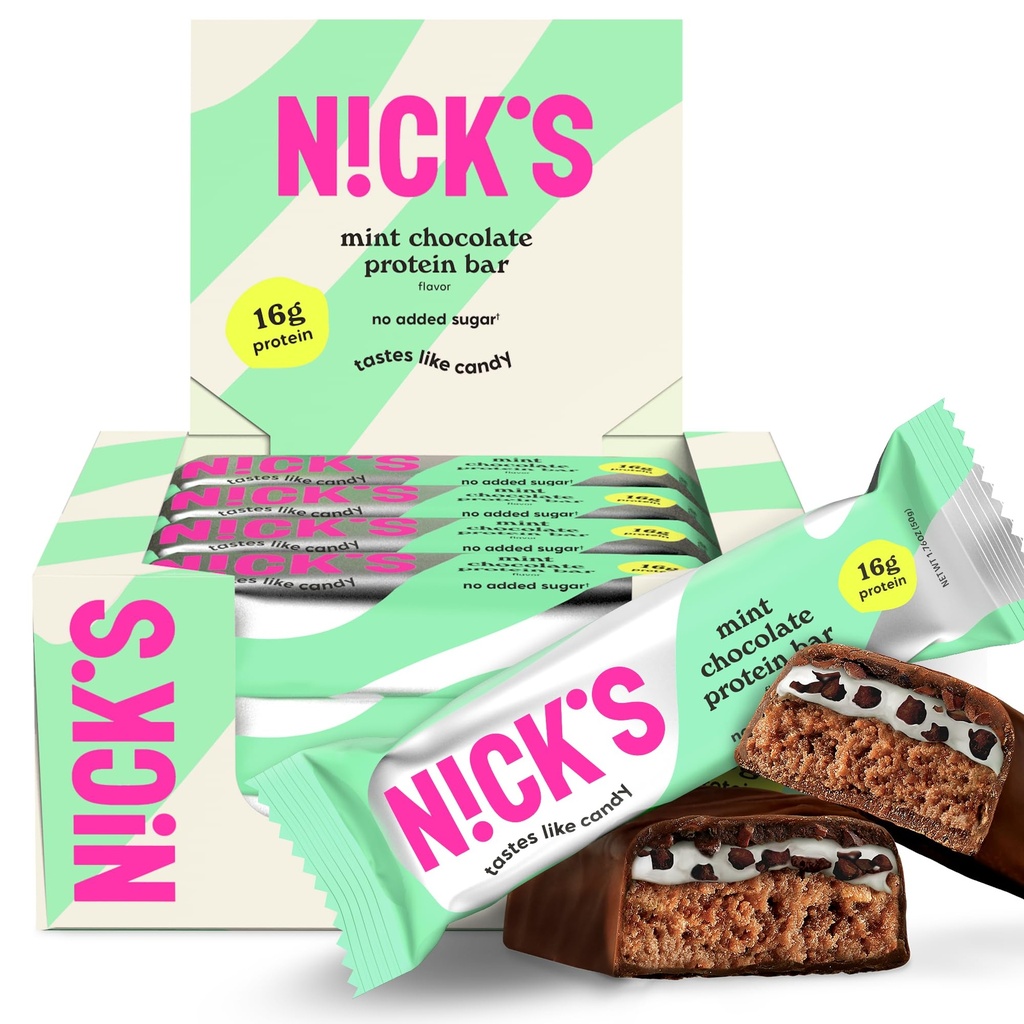 Nicks Mint Chocolate Protein Bars - 12-greve Box Note 124; High Protein, lave kalorier, lave kulhydrater, Keto Friendly, Ingen tilsat sukker