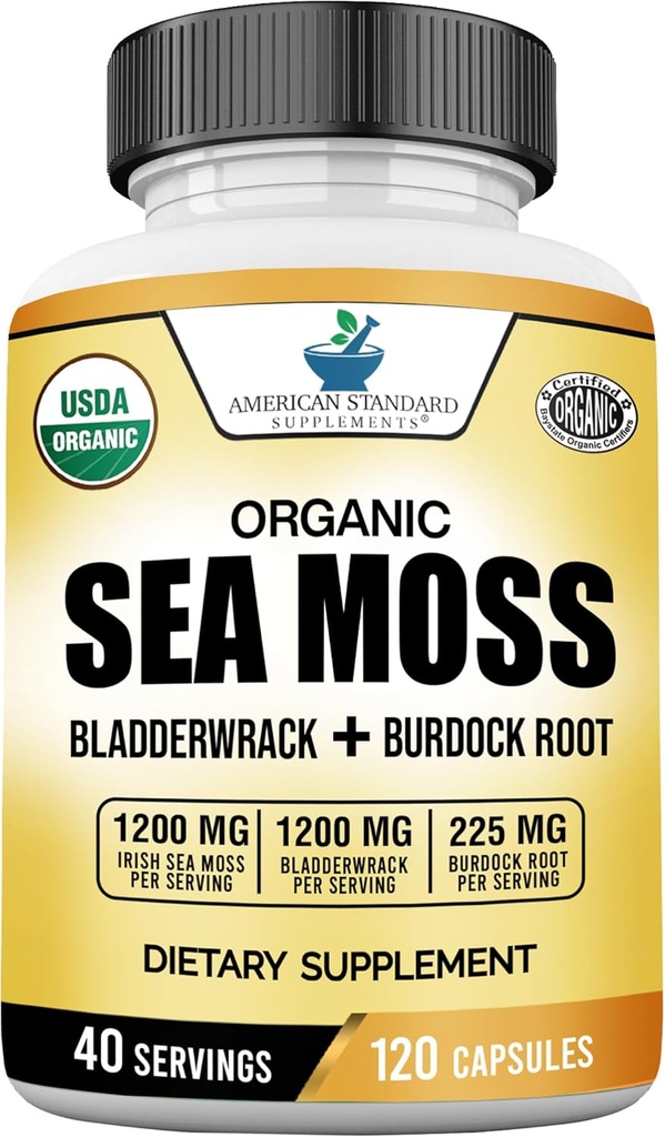 American Standard Kosttilskud Organic Sea Moss, Bladderwrack & Burdock Root Kapsler - 1200mg Seamoss, 1200mg Bladderwrack, 225mg Burdock Root Per Servering - 120 Kapsler, 40 Servering