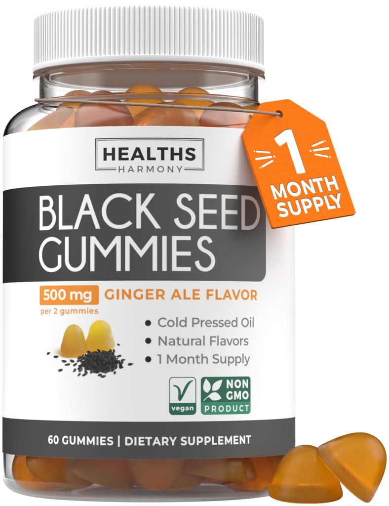 Black Seed Oil Gummies - Natural Ingefær Ale Flavor (non-GMO & Vegan) Cold- presset Nigella Sativa producerer Pure Black Cumin Seed Oil - 500mg Per 2 Gummy Servering