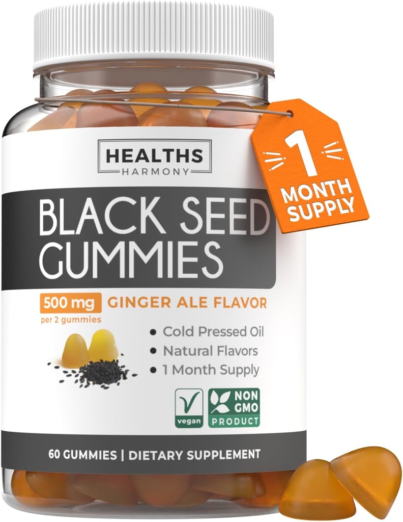 Black Seed Oil Gummies - Natural Ingefær Ale Flavor (non-GMO & Vegan) Cold- presset Nigella Sativa producerer Pure Black Cumin Seed Oil - 500mg Per 2 Gummy Servering