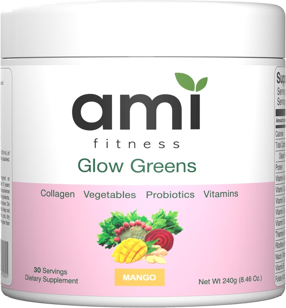 Glow Green Powder, Collagen med Probiotika, Vitaminer, fordøjelsesenzymer, Superfoods, Gut Health, Bloating Relief, Radiant Skin, Natural Glow, Spirulina, 30 SVG, Mango