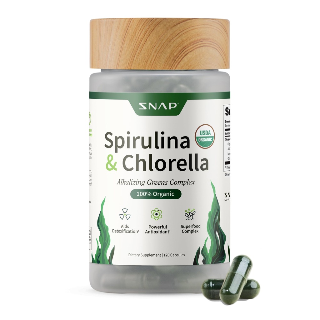 Snap kosttilskud Økologisk Spirulina og Chlorella - Protein Rich Blue Green Algae Superfood supplement til energi og immunforsvar, 120 Vegetariske kapsler (30 Servere, 1 måned Tilgang)