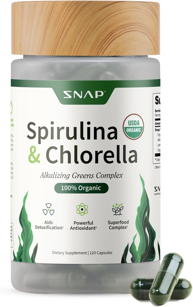 Snap kosttilskud Økologisk Spirulina og Chlorella - Protein Rich Blue Green Algae Superfood supplement til energi og immunforsvar, 120 Vegetariske kapsler (30 Servere, 1 måned Tilgang)