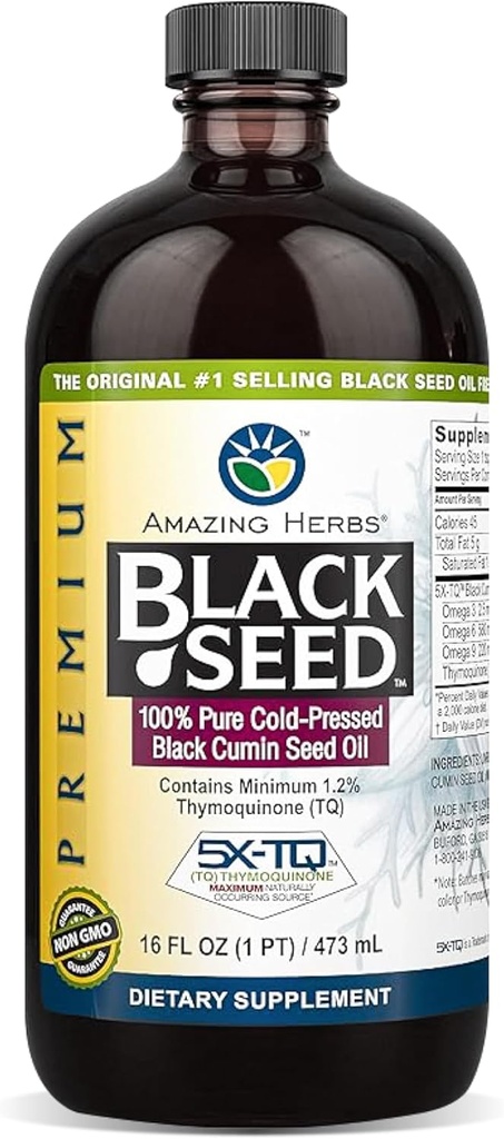 Amazing Herbs Premium Black Seed Oil - Cold Pressed Nigella Sativa aids i fordøjelsessygdomme, immunforsvar, hjernefunktion, fælles mobilitet, gluten fri, ikke GMO - 16 Fl Oz