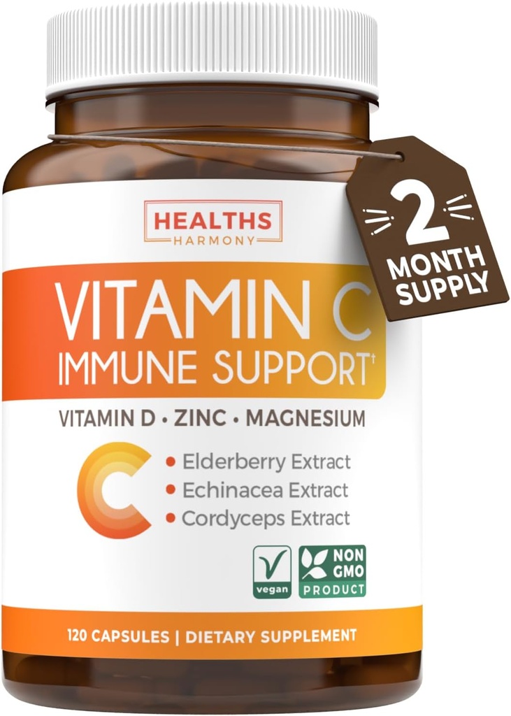 Vitamin C Immun Support Supplement - Immunboost Blend med Elderberry C-vitamin og zink til daglig & Sæsonstøtte - Magnesium Zink VIT C & D og Herbal Defense Complex (2 Måneders Tilgang)