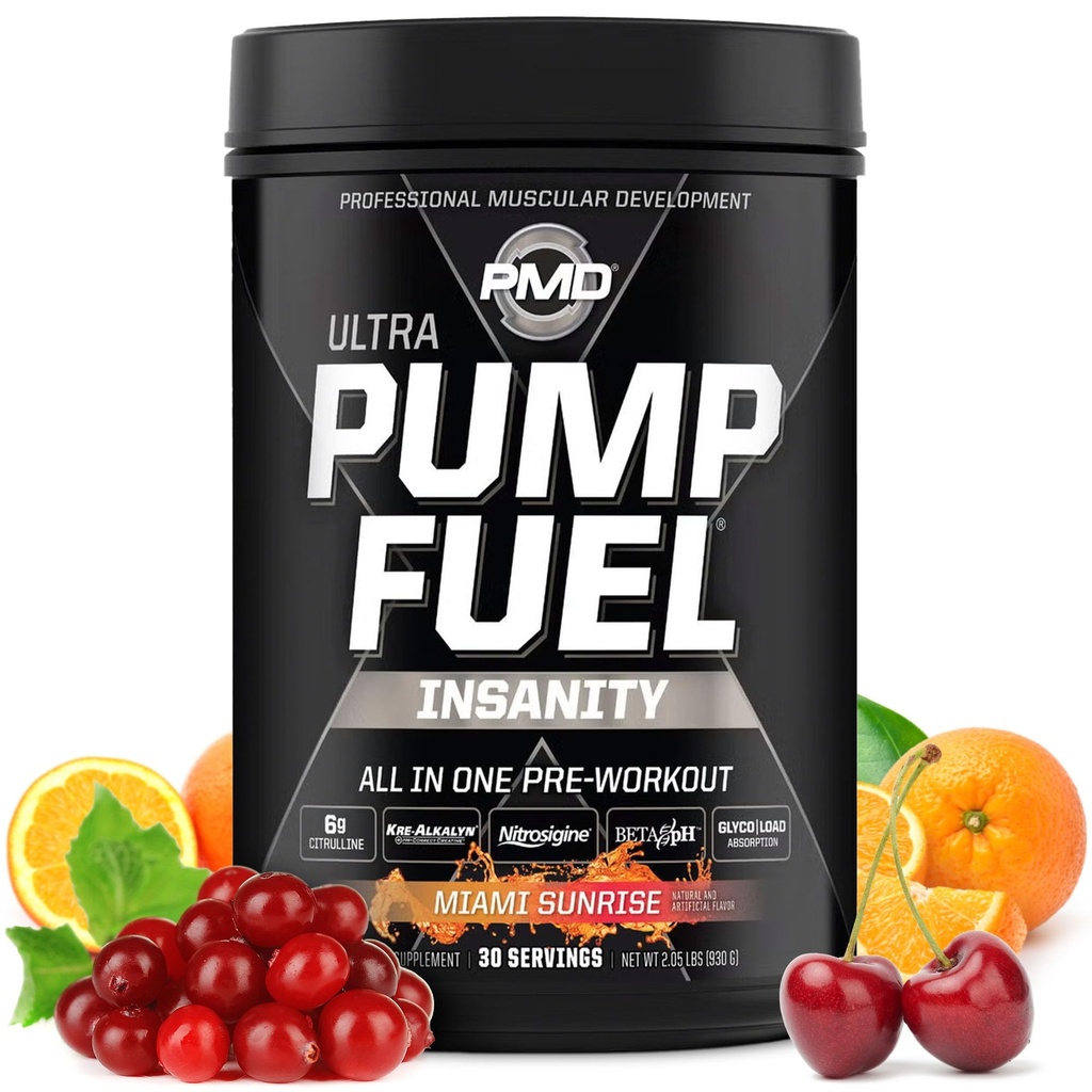 PMD Sports Pump Fuel Ultra Insanity - Premium Pre Workout Powder & Muscle Pump, Greater Focus, Endurance & Recovery, Premium Creatin, Arginin & Beta Alanine - Miami Sunrise (30 Servere)