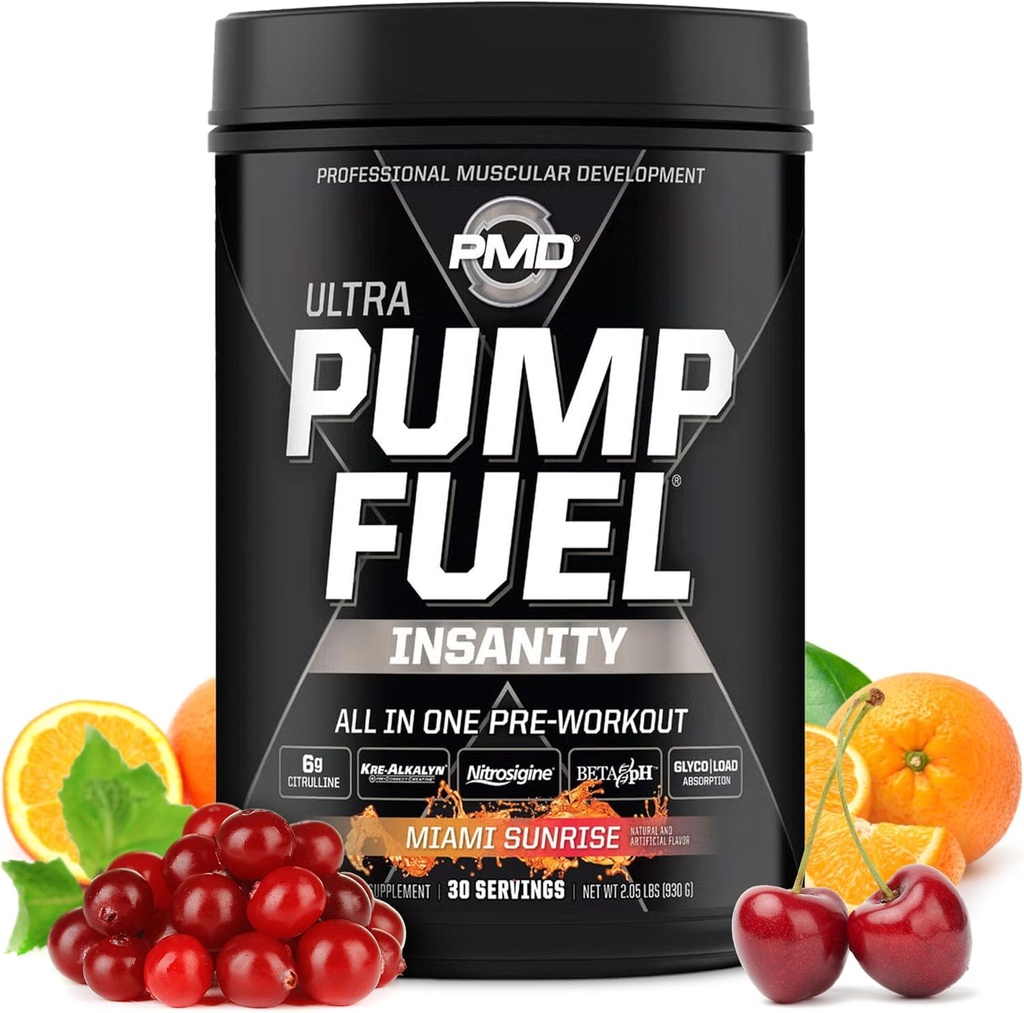 PMD Sports Pump Fuel Ultra Insanity - Premium Pre Workout Powder & Muscle Pump, Greater Focus, Endurance & Recovery, Premium Creatin, Arginin & Beta Alanine - Miami Sunrise (30 Servere)