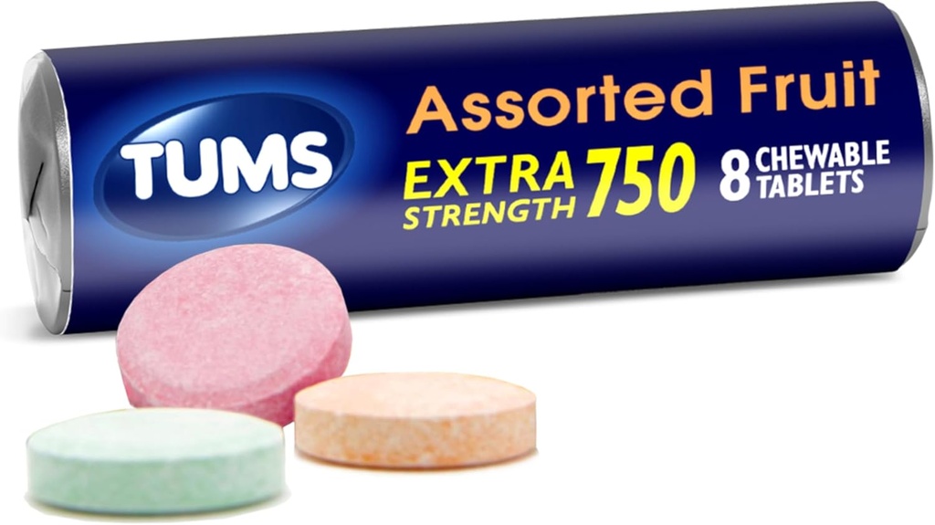 TUMS ekstra styrke Antacida tabletter til Chewable Heartburn Relief og syre fordøjelsesbesvær Relief, Assorterede frugtflager - 8 Count Roll