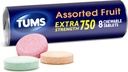 TUMS ekstra styrke Antacida tabletter til Chewable Heartburn Relief og syre fordøjelsesbesvær Relief, Assorterede frugtflager - 8 Count Roll