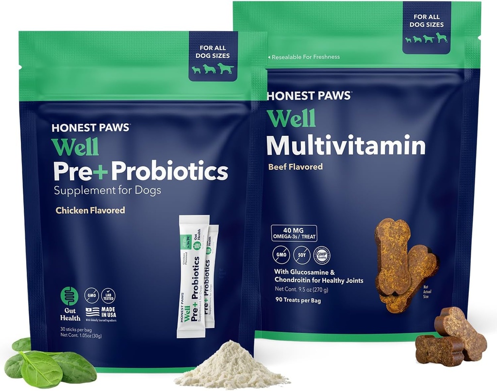 Honest Paws Probiotika til hunde & hunde Multivitamin - Glucosamin Chondroitin til fælles sundhed - Allergier, Immunitet, Gut Sundhed - fordøjelse og hud & Coat Support