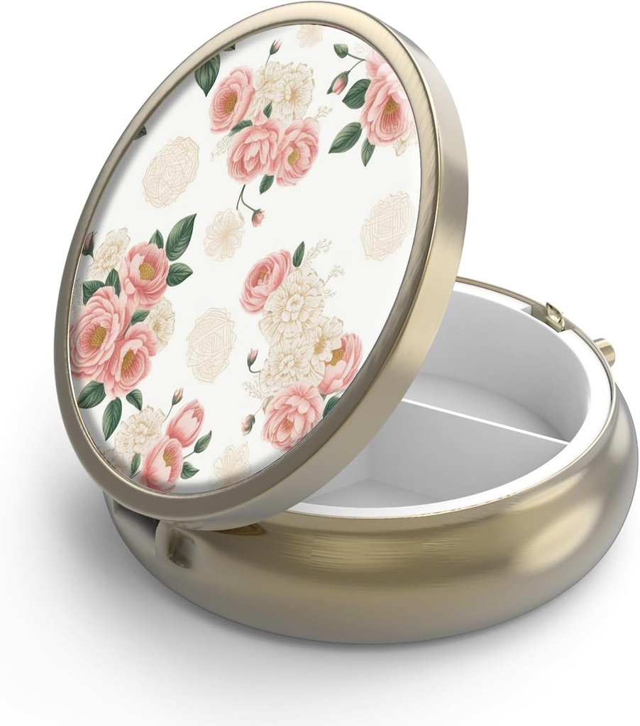 Pill Case Pill Box med spejl Retro 3 Segment Lille Pill Case til purse eller Pocket Bronze Lille Roud Pill Box eller vitaminer, fiskeolie, kosttilskud, Pill Containe Travel Gaver Retro Pink Blomsterhandlere